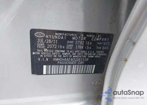 2012 Hyundai Elantra Gls (Ulsan Plant) из США, поврежденный, VIN KMHDH4AE4CU261538